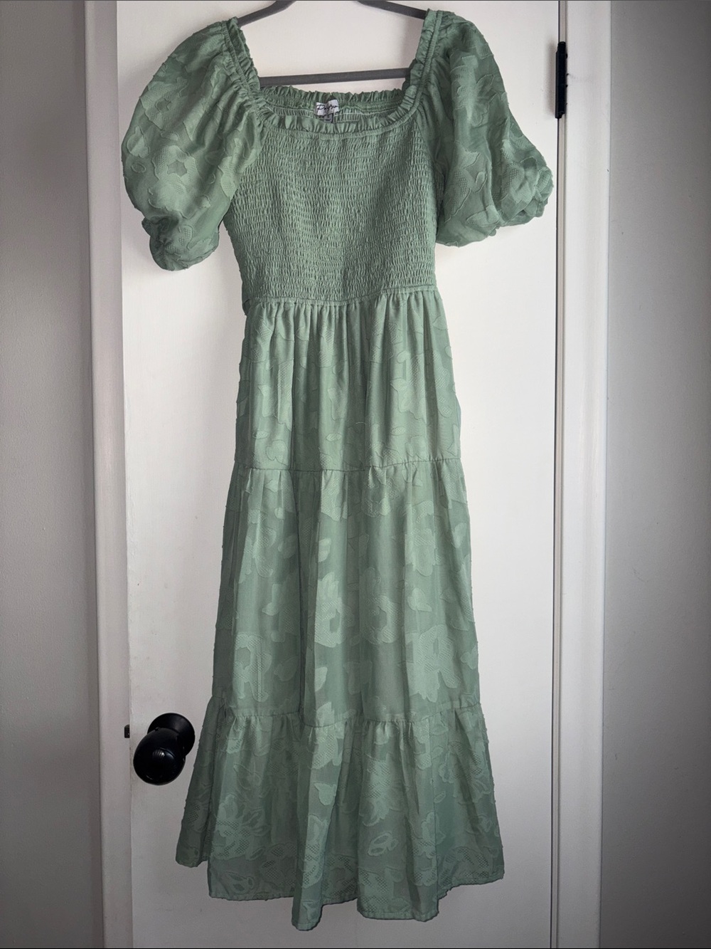 Polagram Sage Green Smocked Puff-Sleeve Midi Dress